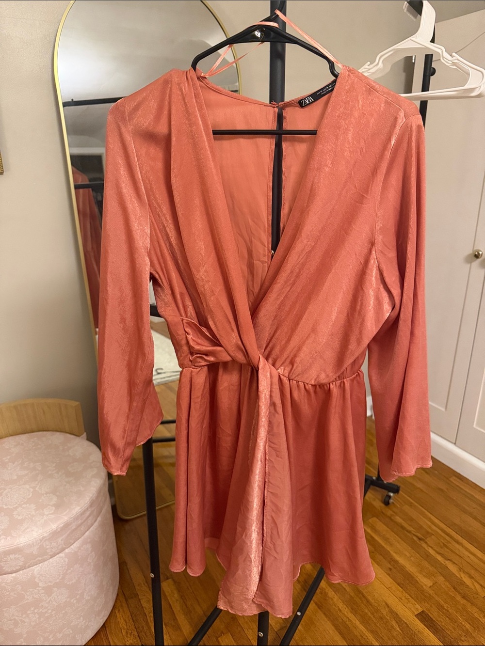 Zara Coral Satin-Look Long Sleeve Wrap Romper with Tie